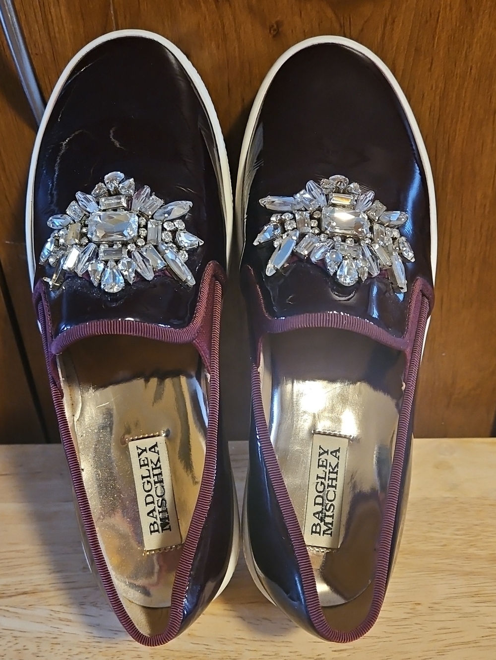 Badgley Mischka Wine Patent Crystal-Embellished Slip-On Mules
